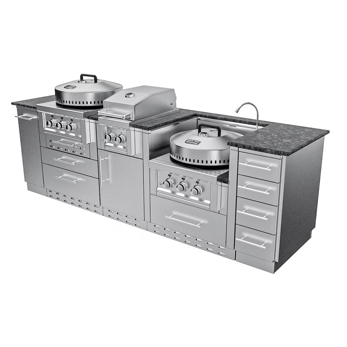 Sunstone Texas Cajun 9′ Stainless Steel Outdoor Kitchen Island Package with Grill, Side Burner, Refrigerator & Sink
