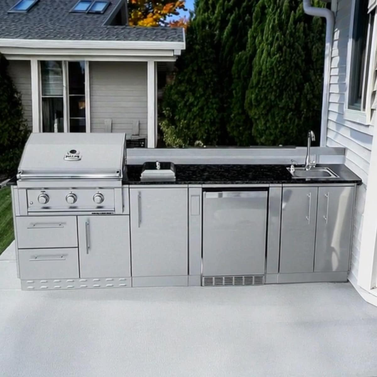 Sunstone Brazos 9′ Stainless Steel Outdoor Kitchen Island Package with Grill, Side Burner, Refrigerator & Sink