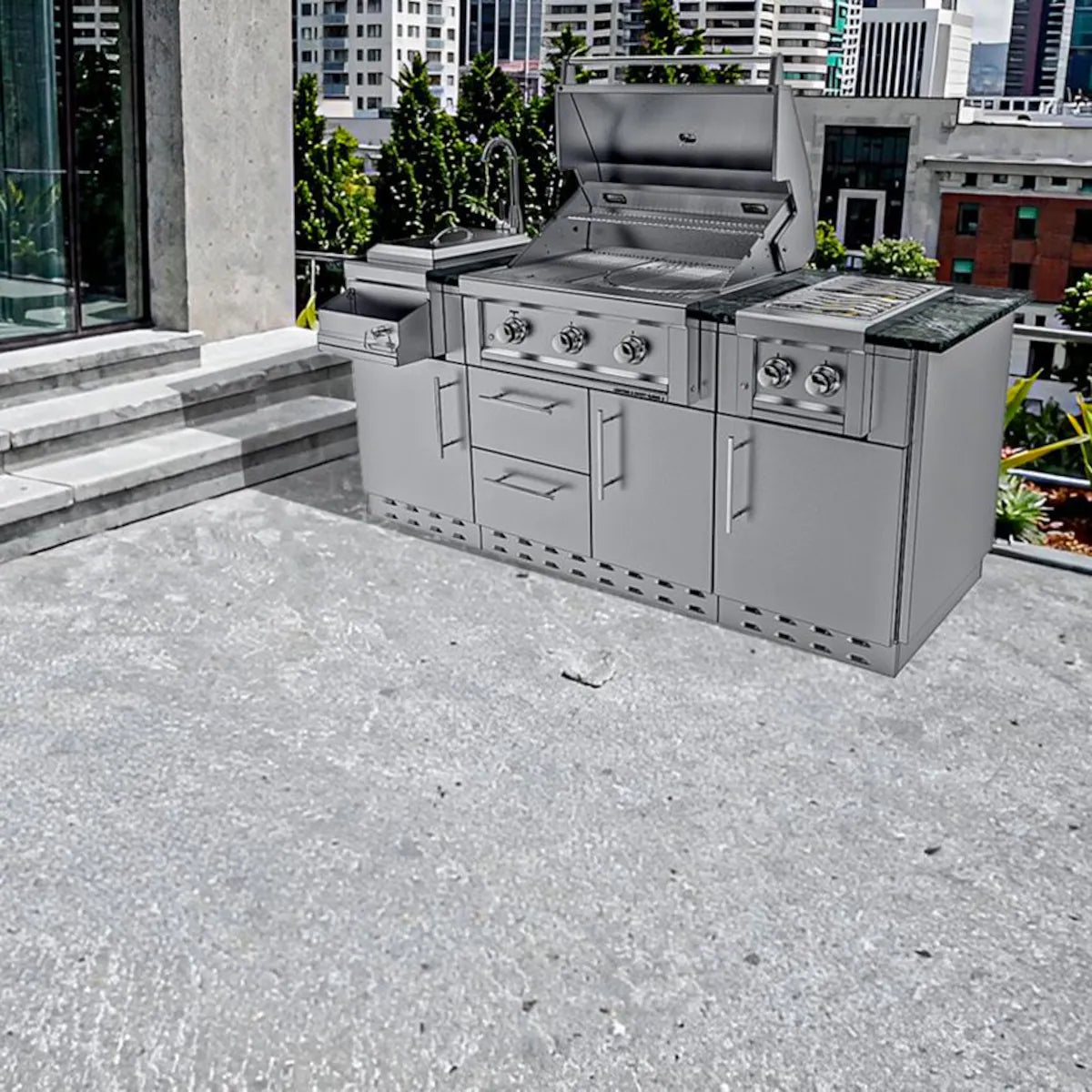 Sunstone Caprice 6′4″ Stainless Steel Outdoor Kitchen Island Package with Grill, Side Burner, Refrigerator & Sink