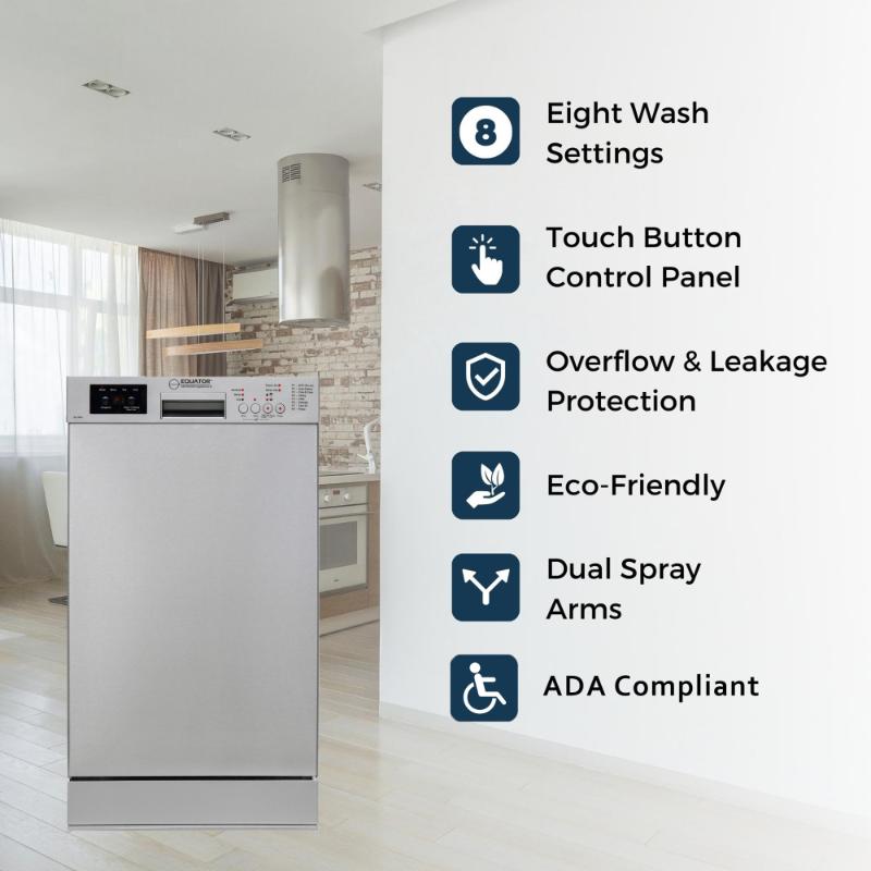 Equator Advanced Appliances 18″ Built-In Dishwasher – 10 Place Settings with Wine Rack, 3.4 Gal, 51 dB Quiet, ENERGY STAR®, ADA, 110V Stainless