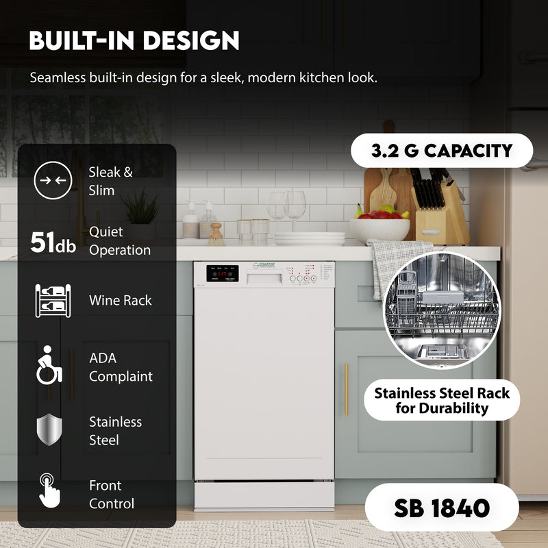 Equator Advanced Appliances 18″ Built-In Dishwasher – 10 Place Settings with Wine Rack, 3.4 Gal, 51 dB Quiet, ENERGY STAR®, ADA, 110V White
