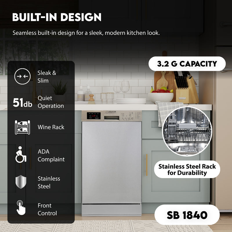 Equator Advanced Appliances 18″ Built-In Dishwasher – 10 Place Settings with Wine Rack, 3.4 Gal, 51 dB Quiet, ENERGY STAR®, ADA, 110V Stainless