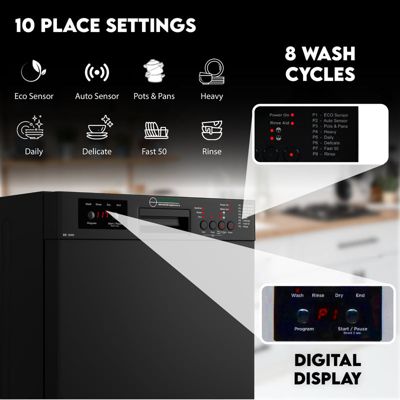 Equator Advanced Appliances 18″ Built-In Dishwasher – 10 Place Settings with Wine Rack, 3.4 Gal, 51 dB Quiet, ENERGY STAR®, ADA, 110V Black