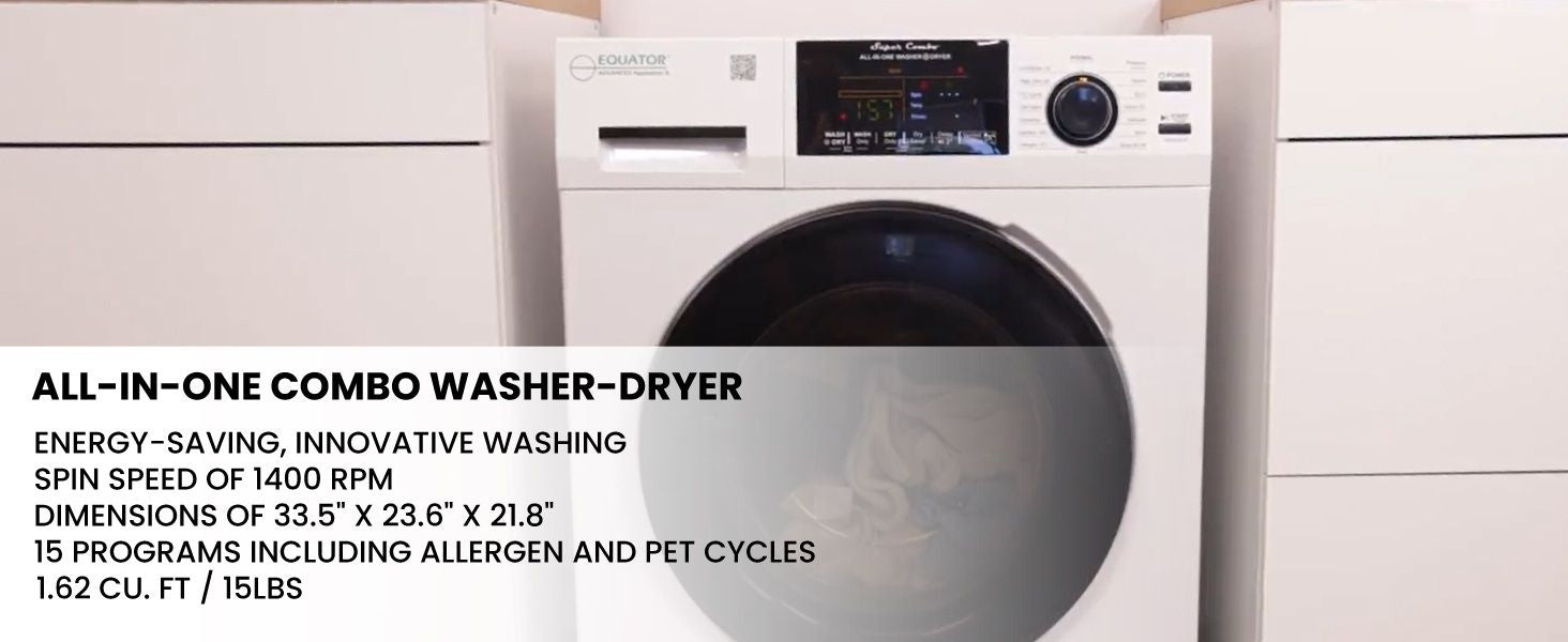 Equator Advanced Appliances All-in-One 4600 Ventless/Vented Washer Dryer with Pet Cycle, 1.62 cu. ft., 15 lb Capacity, 110V -White