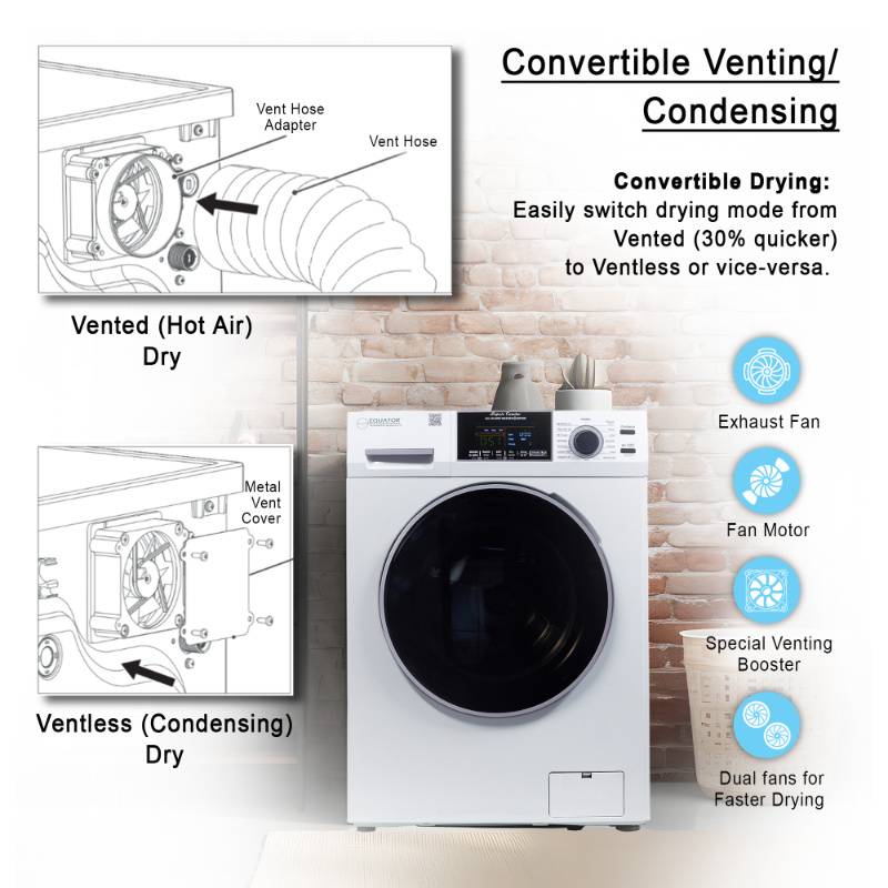 Equator Advanced Appliances All-in-One 4600 Ventless/Vented Washer Dryer with Pet Cycle, 1.62 cu. ft., 15 lb Capacity, 110V -White