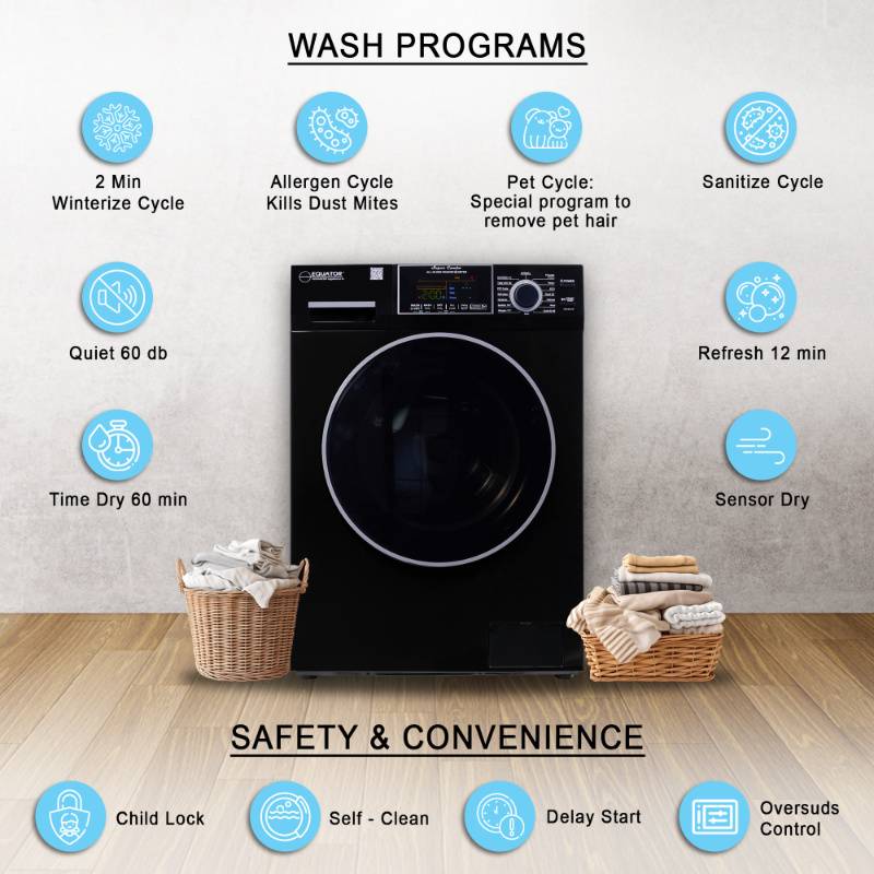 Equator Advanced Appliances All-in-One 4600 Ventless/Vented Washer Dryer with Pet Cycle, 1.62 cu. ft., 15 lb Capacity, 110V -Black