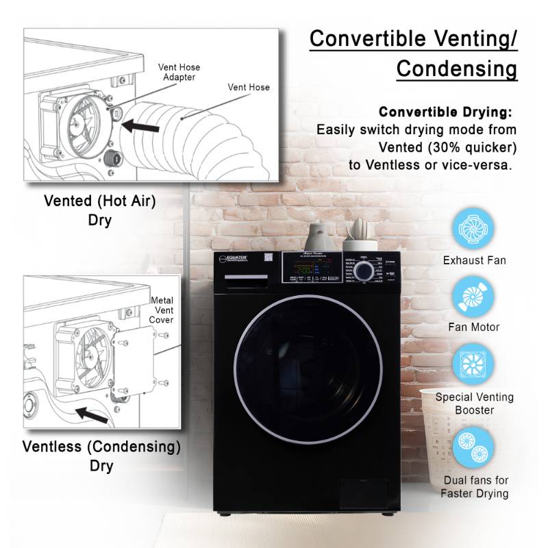 Equator Advanced Appliances All-in-One 4600 Ventless/Vented Washer Dryer with Pet Cycle, 1.62 cu. ft., 15 lb Capacity, 110V -Black