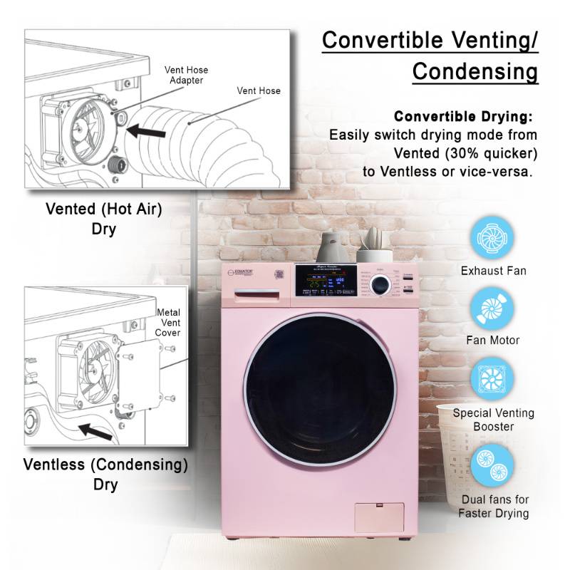Equator Advanced Appliances All-in-One 4600 Ventless/Vented Washer Dryer with Pet Cycle, 1.62 cu. ft., 15 lb Capacity, 110V -Pink