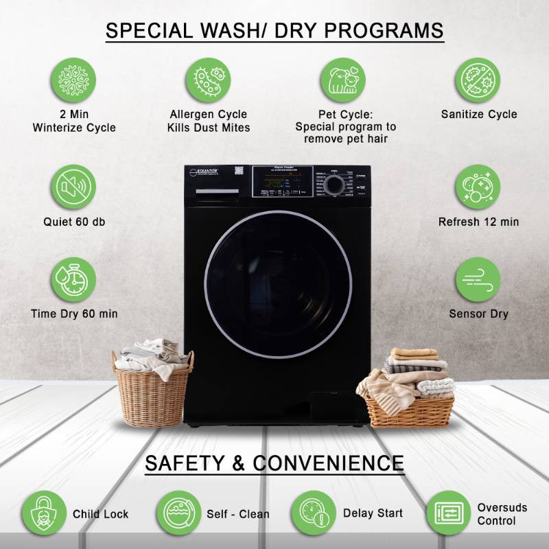 Equator Advanced Appliances All-in-One 4700 Washer-Dryer, Ventless, Fully Built-In, Zero Clearance, 1.62 cu. ft. / 15 lb Capacity, 110V, 1400 RPM - Black