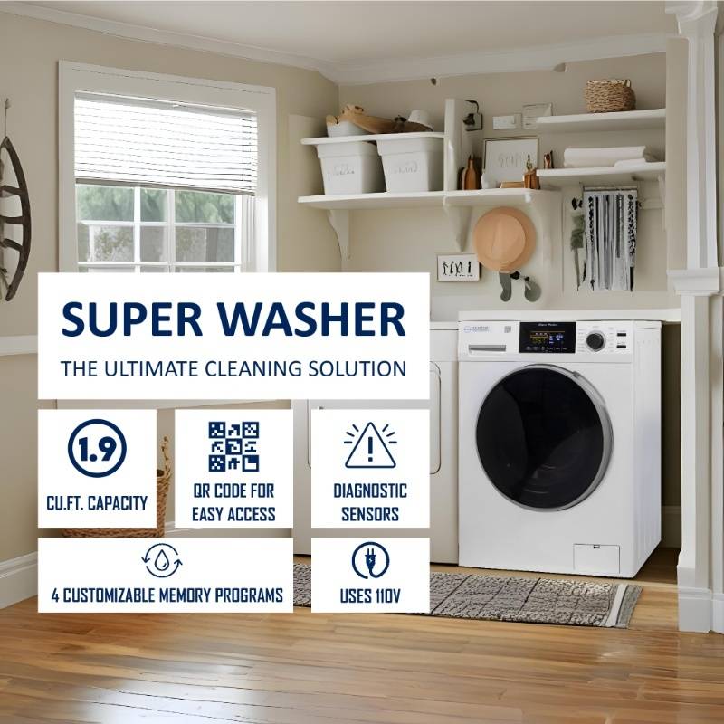 Equator Advanced Appliances Super Washer 1.9 cu. ft. / 18 lb Capacity with Sanitize & Allergen Cycles, Winterize Function, 1400 RPM, White, 110V