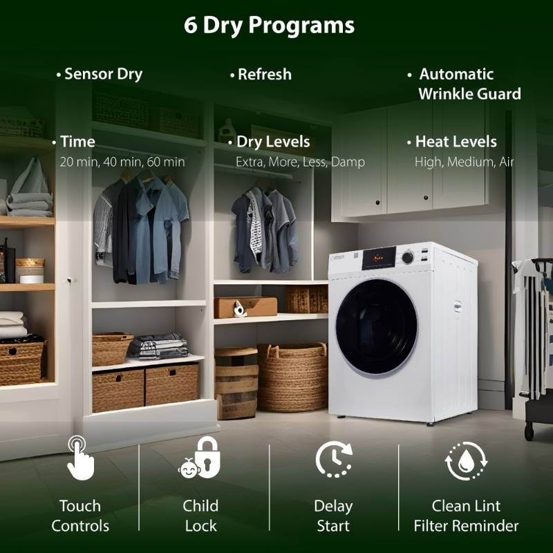Equator Advanced Appliances Deluxe 24" 220V Vented Sensor Dryer with Sanitize Cycle, 4 cu. ft. Capacity, Touch Control Digital Display