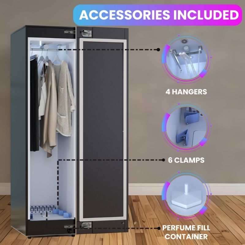 Equator Advanced Appliances Steam Dryer Closet – Wrinkle Removal, Sanitizing & Deodorizing, Refreshes Clothing, Slim Design, 110V White Black