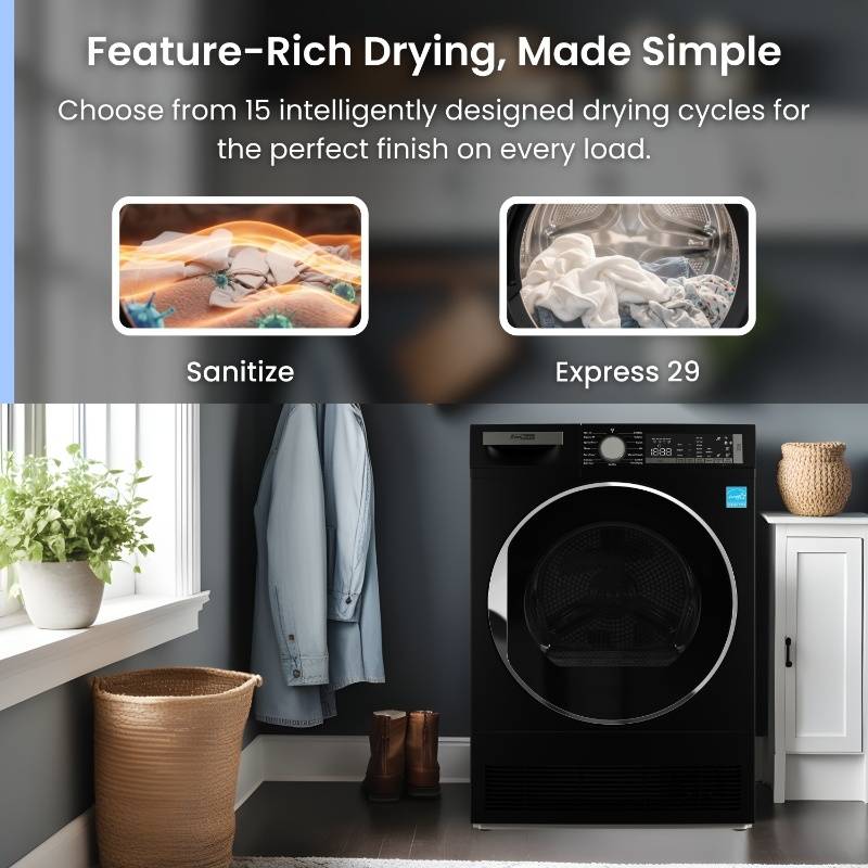 ConServ 4 cu. ft. 220V Ventless Condenser Dryer with Sanitize Cycle, LED Display, Reversible Door, Energy Star® Rated Black