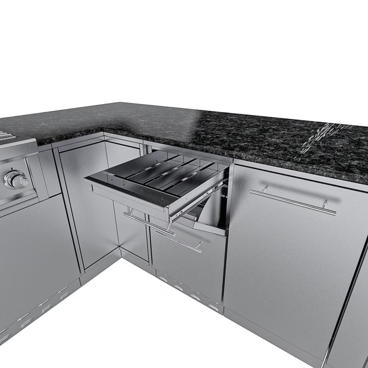 Sunstone Rancher L-Shaped 8′11″ × 11′ Stainless Steel Outdoor Kitchen Island Package