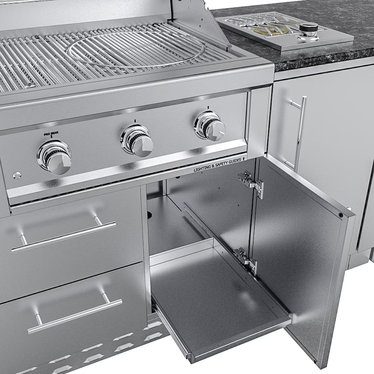 Sunstone Brazos 9′ Stainless Steel Outdoor Kitchen Island Package with Grill, Side Burner, Refrigerator & Sink