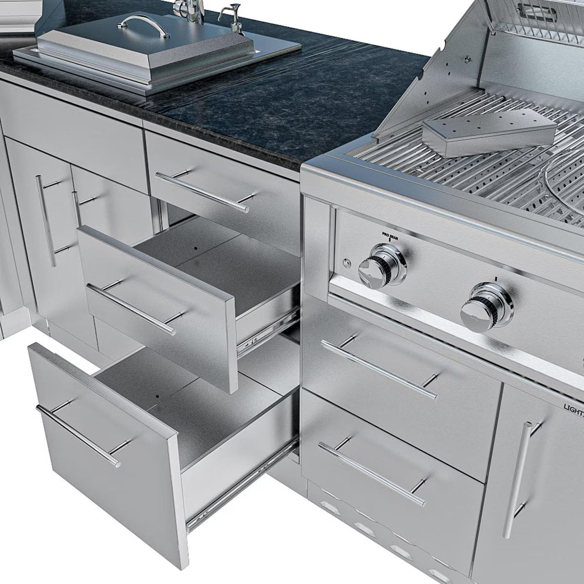 Sunstone Texas Tango 19′ Stainless Steel Outdoor Kitchen Island Package with Grill, Side Burner, Refrigerator & Sink