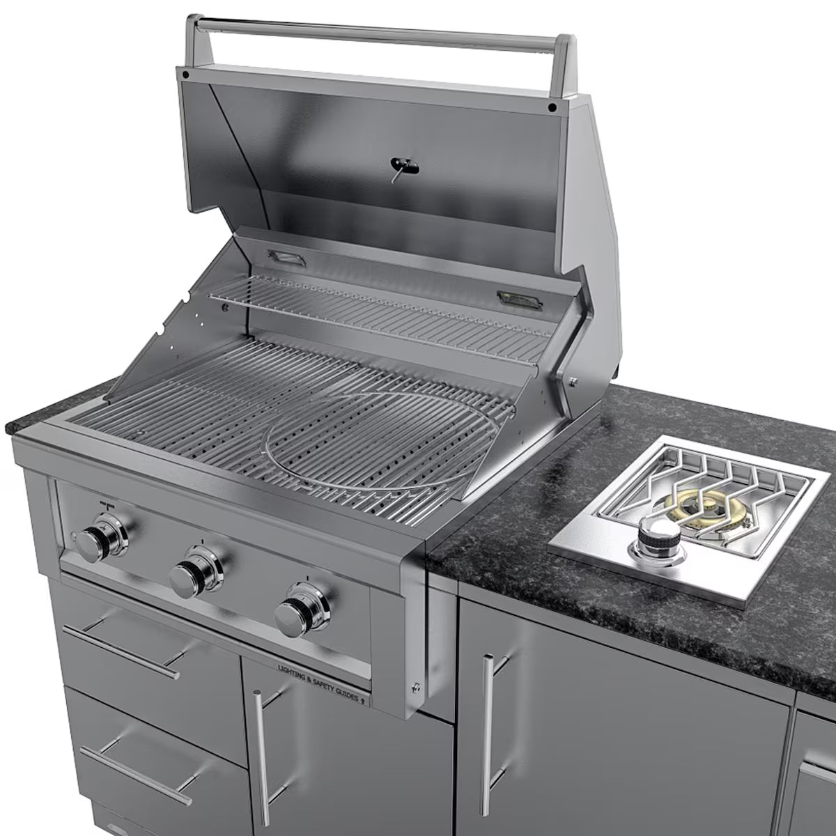 Sunstone Brazos 9′ Stainless Steel Outdoor Kitchen Island Package with Grill, Side Burner, Refrigerator & Sink