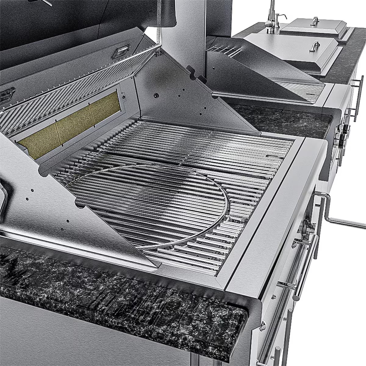 Sunstone Alamo 10′ Stainless Steel Outdoor Kitchen Island Package with Grill, Side Burner, Refrigerator & Sink