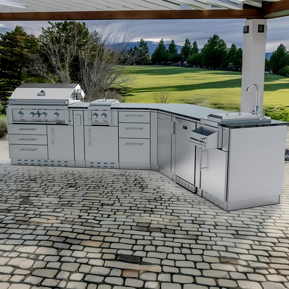 Sunstone Savanna 16′ Stainless Steel Outdoor Kitchen Island Package with Grill, Double Burner, Refrigerator & Sink