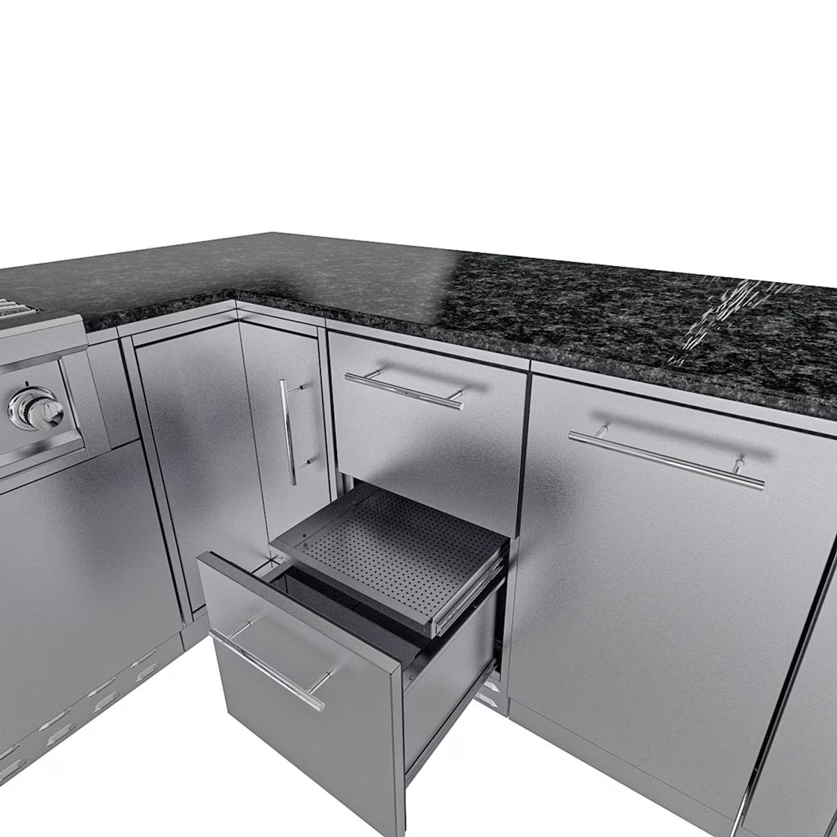 Sunstone Rancher L-Shaped 8′11″ × 11′ Stainless Steel Outdoor Kitchen Island Package