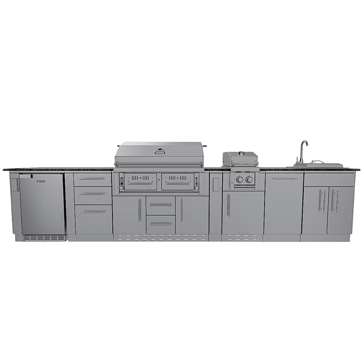 Sunstone Dallas 14′ Stainless Steel Outdoor Kitchen Island Package with Grill, Side Burner, Refrigerator & Sink