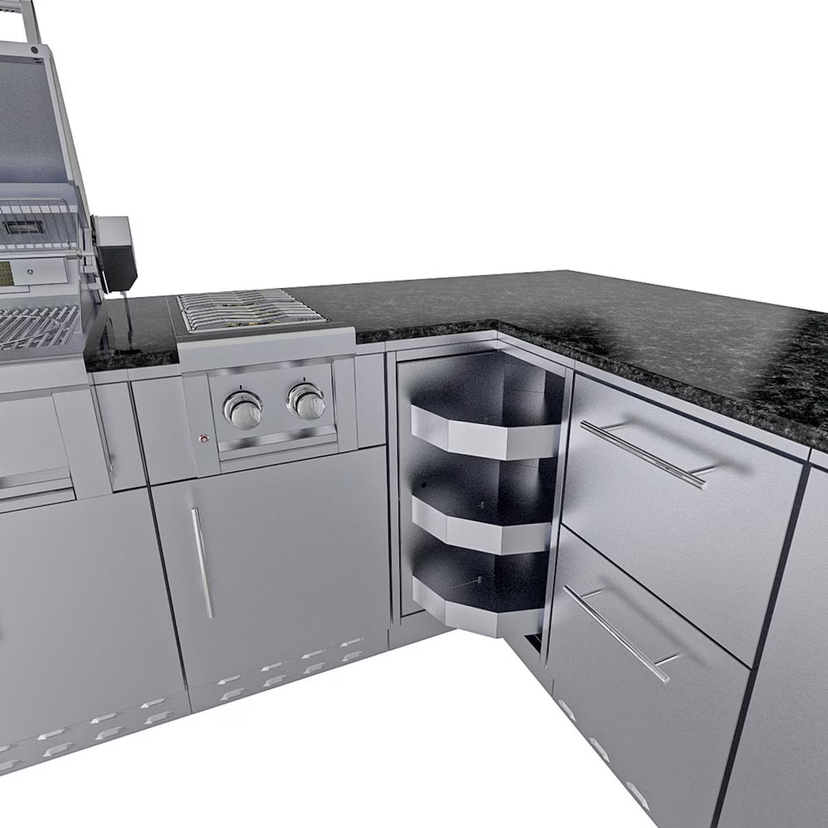 Sunstone Rancher L-Shaped 8′11″ × 11′ Stainless Steel Outdoor Kitchen Island Package