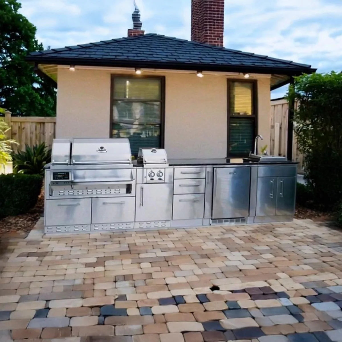 Sunstone Cypress 11′6″ Stainless Steel Outdoor Kitchen Island Package with Grill, Burner, Refrigerator & Sink