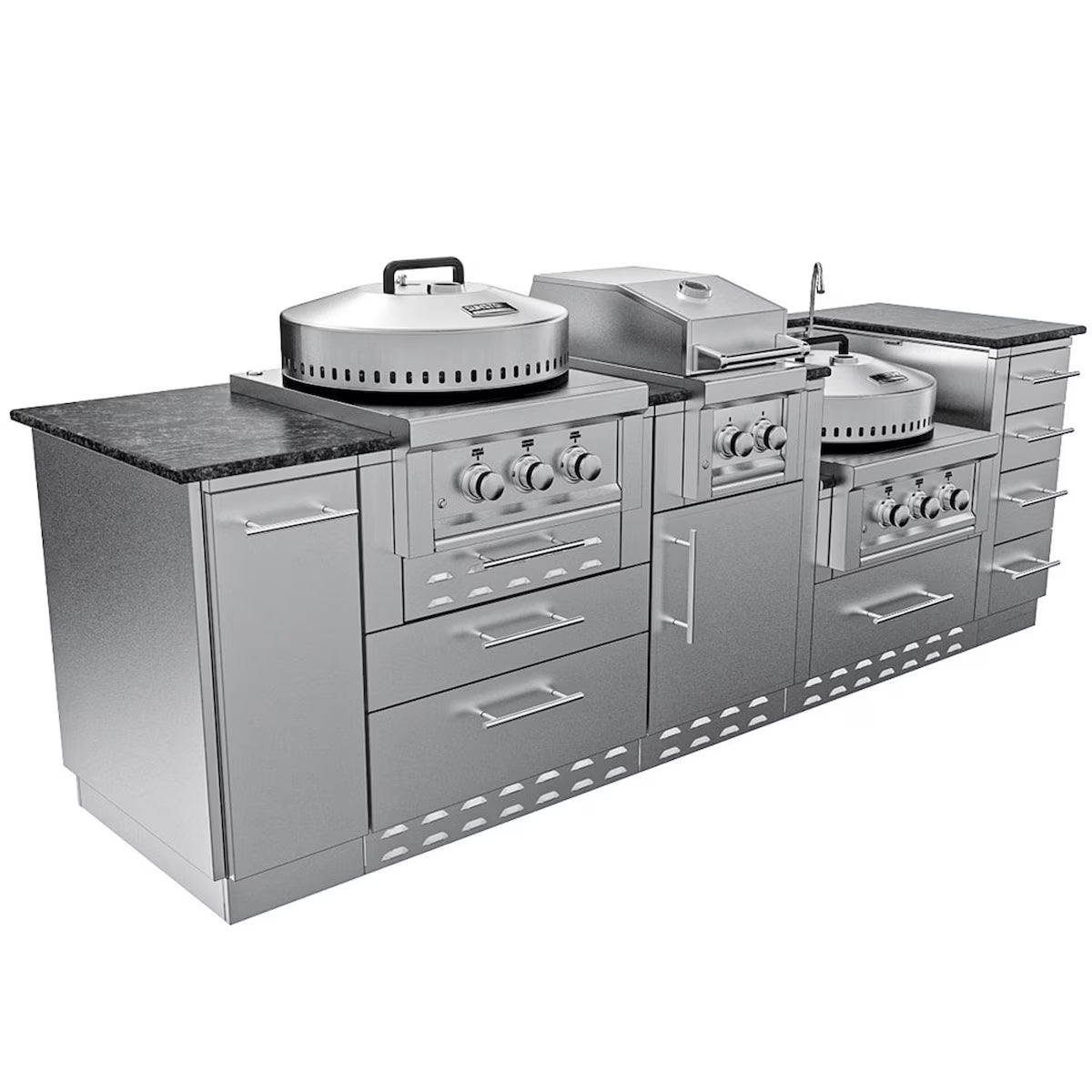 Sunstone Texas Cajun 9′ Stainless Steel Outdoor Kitchen Island Package with Grill, Side Burner, Refrigerator & Sink