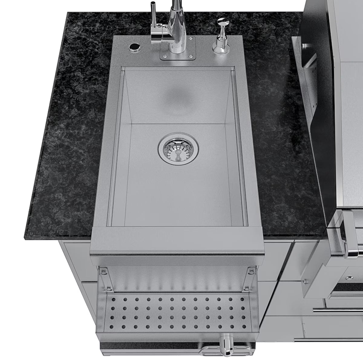 Sunstone Caprice 6′4″ Stainless Steel Outdoor Kitchen Island Package with Grill, Side Burner, Refrigerator & Sink