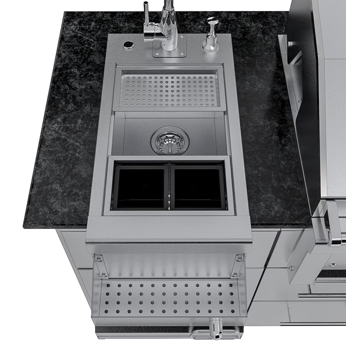 Sunstone Caprice 6′4″ Stainless Steel Outdoor Kitchen Island Package with Grill, Side Burner, Refrigerator & Sink