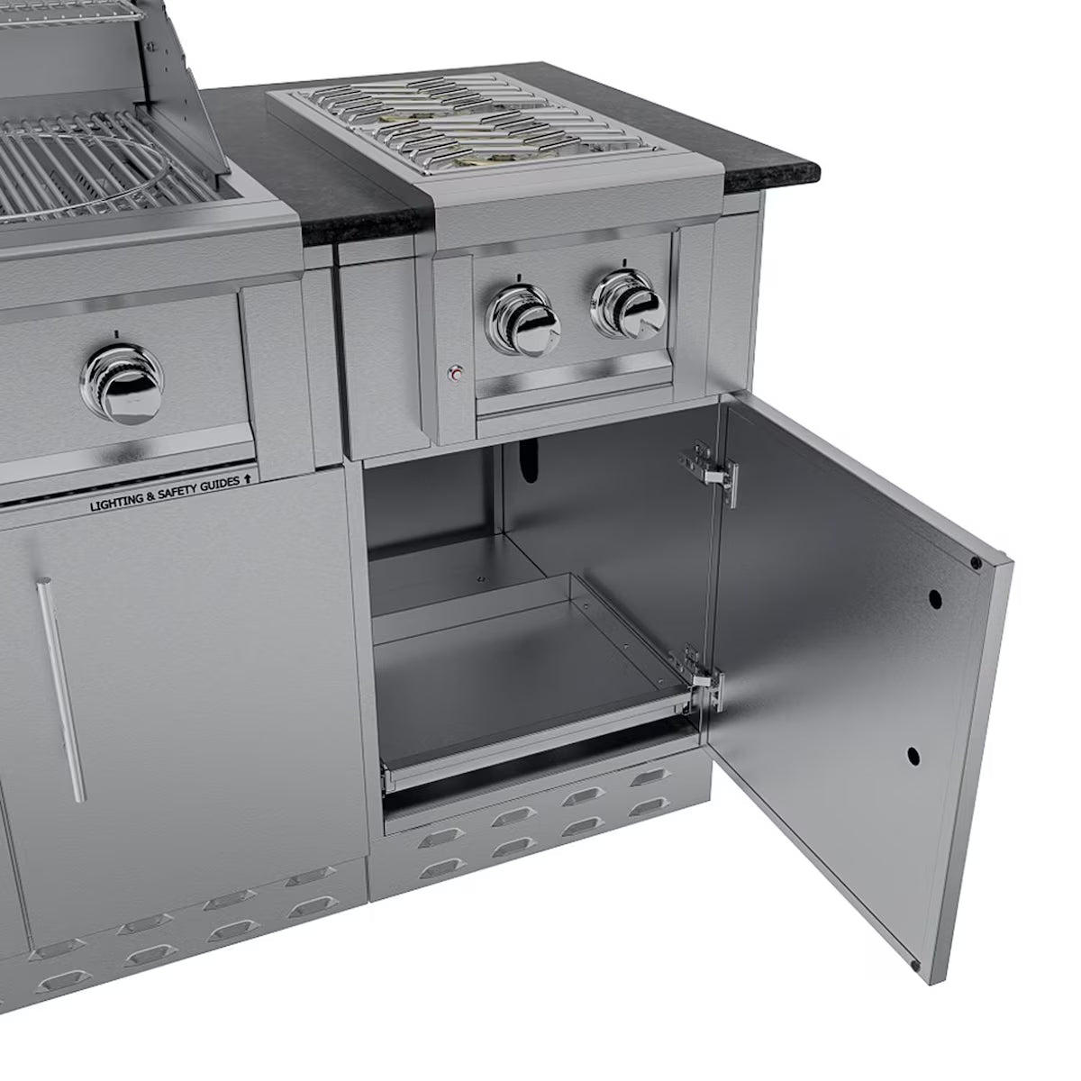 Sunstone Caprice 6′4″ Stainless Steel Outdoor Kitchen Island Package with Grill, Side Burner, Refrigerator & Sink