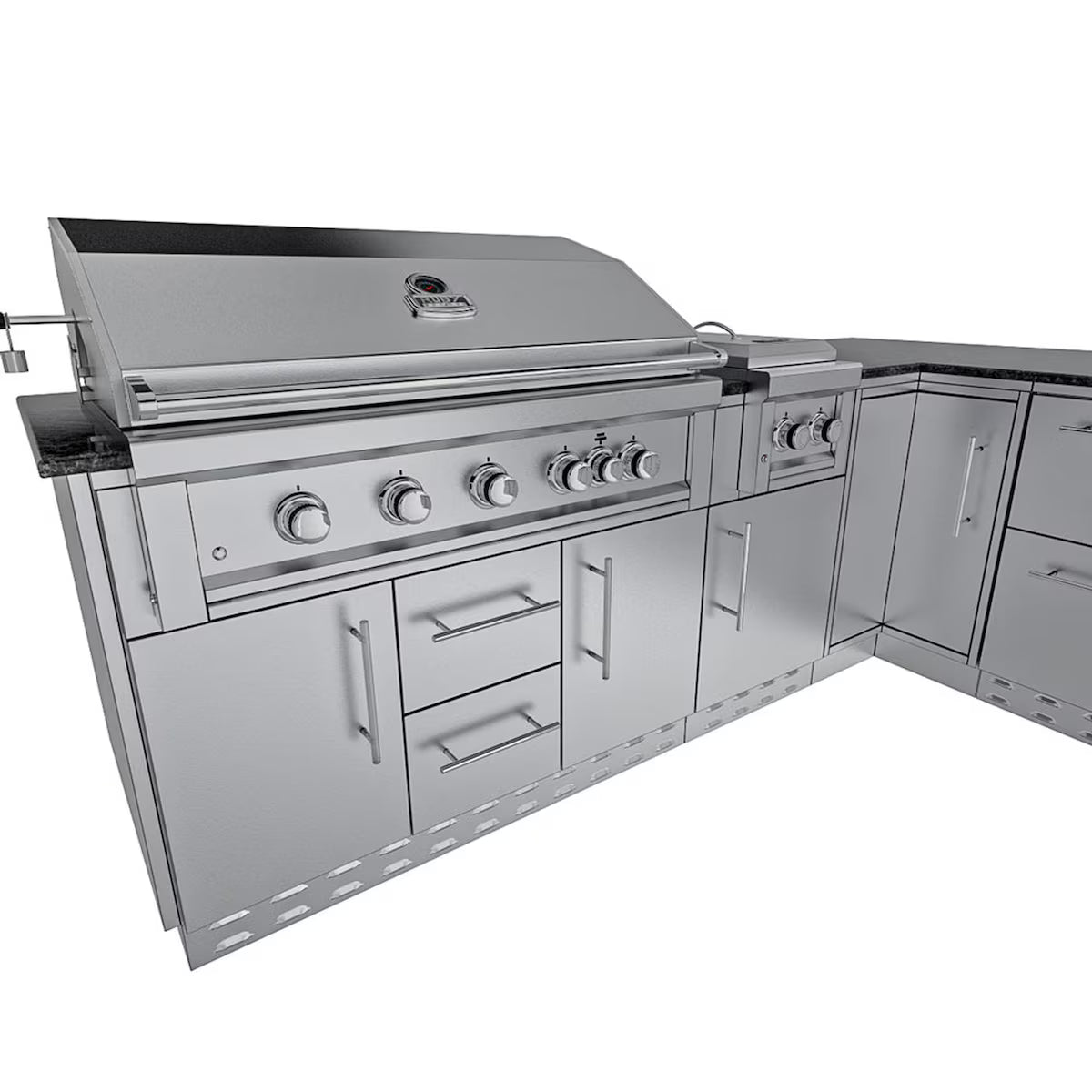 Sunstone Rancher L-Shaped 8′11″ × 11′ Stainless Steel Outdoor Kitchen Island Package