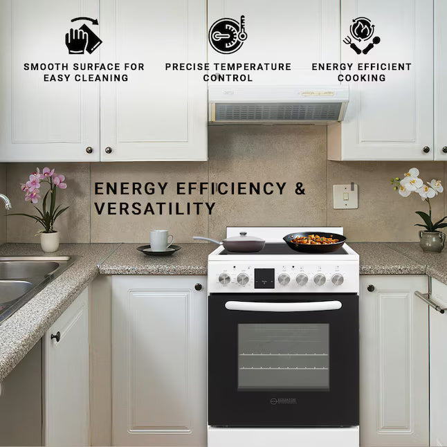Equator Advanced Appliances 20″ Freestanding Electric Range with Air Fry Convection Oven, 4-Burner Glass Top – White