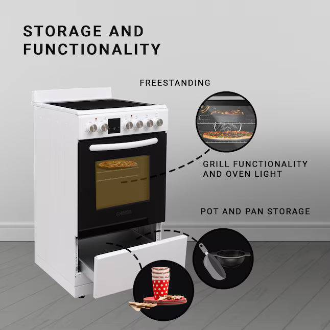 Equator Advanced Appliances 20″ Freestanding Electric Range with Air Fry Convection Oven, 4-Burner Glass Top – White