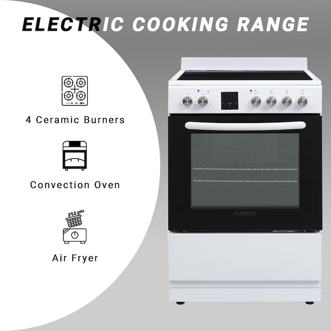 Equator Advanced Appliances 24″ Freestanding Electric Range with Air Fry Convection Oven, 4-Burner Glass Top – White