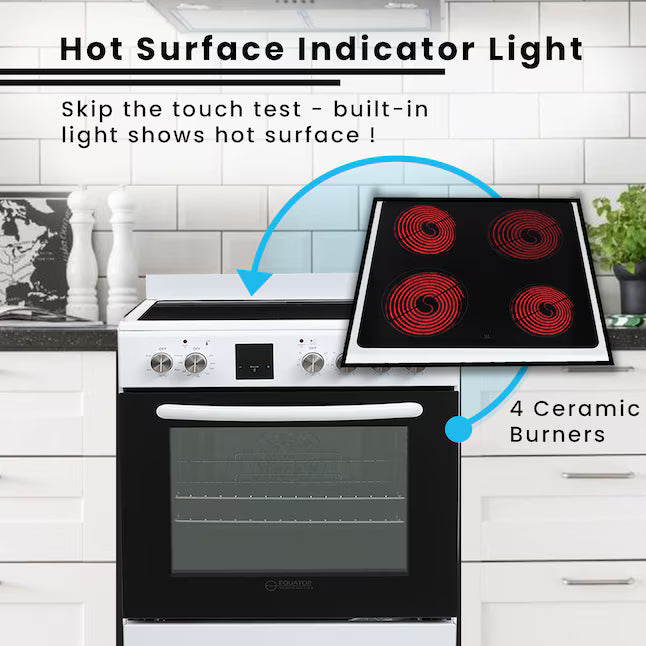 Equator Advanced Appliances 24″ Freestanding Electric Range with Air Fry Convection Oven, 4-Burner Glass Top – White