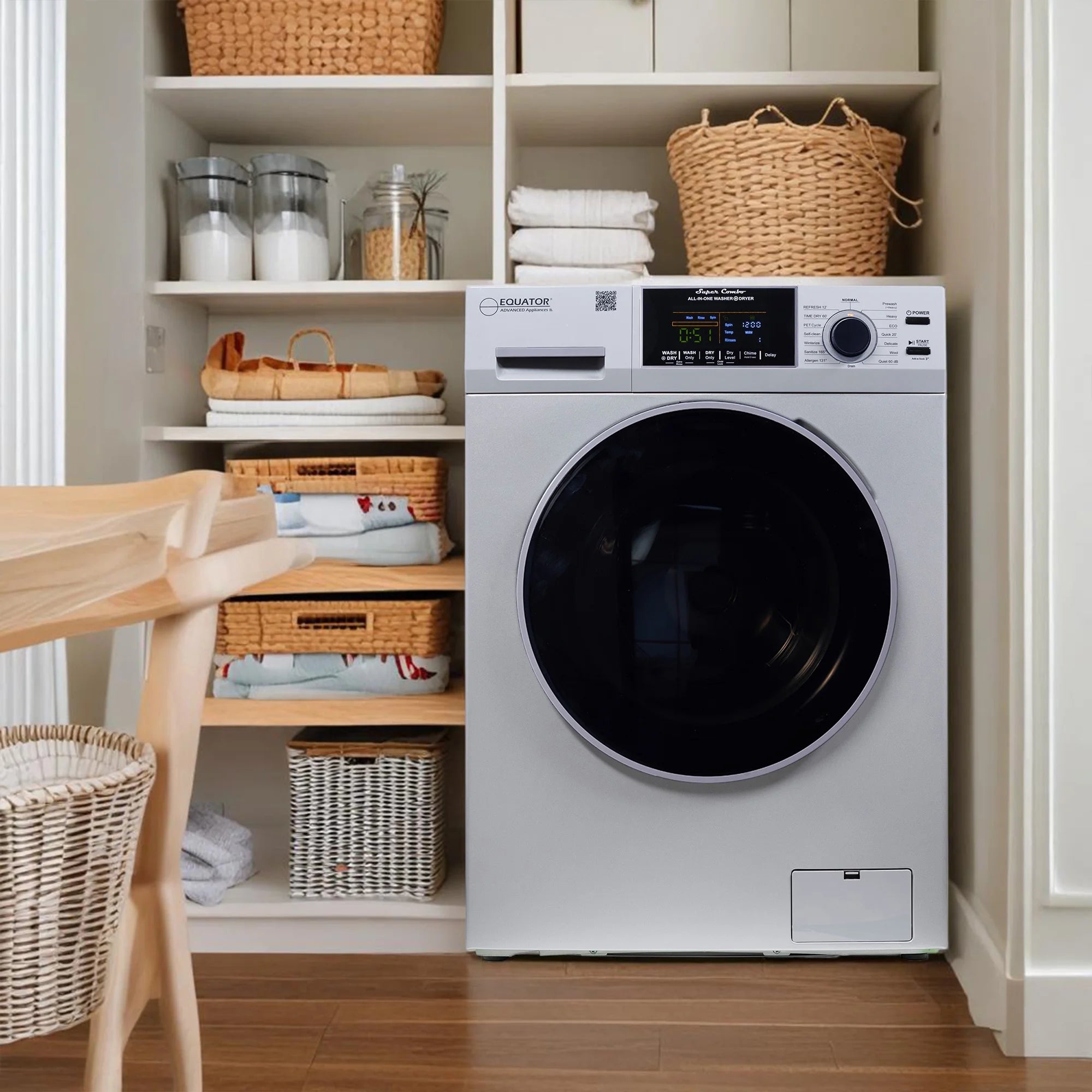 Equator Advanced Appliances All-in-One 4600 Ventless/Vented Washer Dryer with Pet Cycle, 1.62 cu. ft., 15 lb Capacity, 110V -Silver