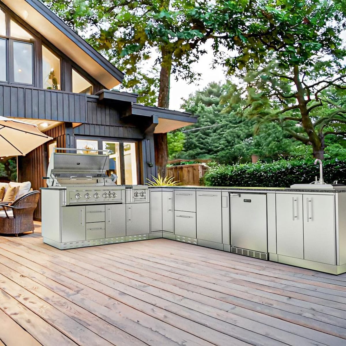 Sunstone Rancher L-Shaped 8′11″ × 11′ Stainless Steel Outdoor Kitchen Island Package