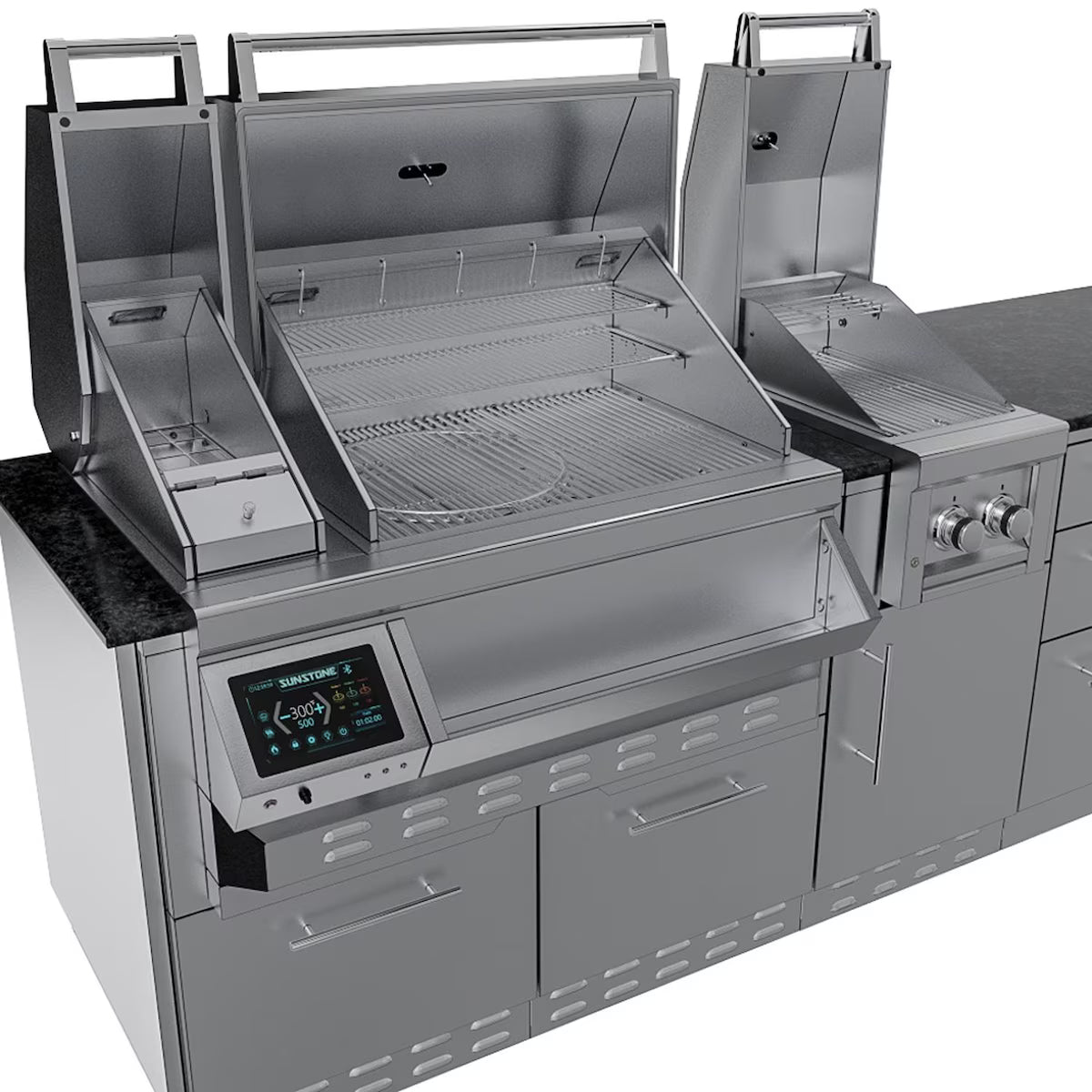 Sunstone Cypress 11′6″ Stainless Steel Outdoor Kitchen Island Package with Grill, Burner, Refrigerator & Sink