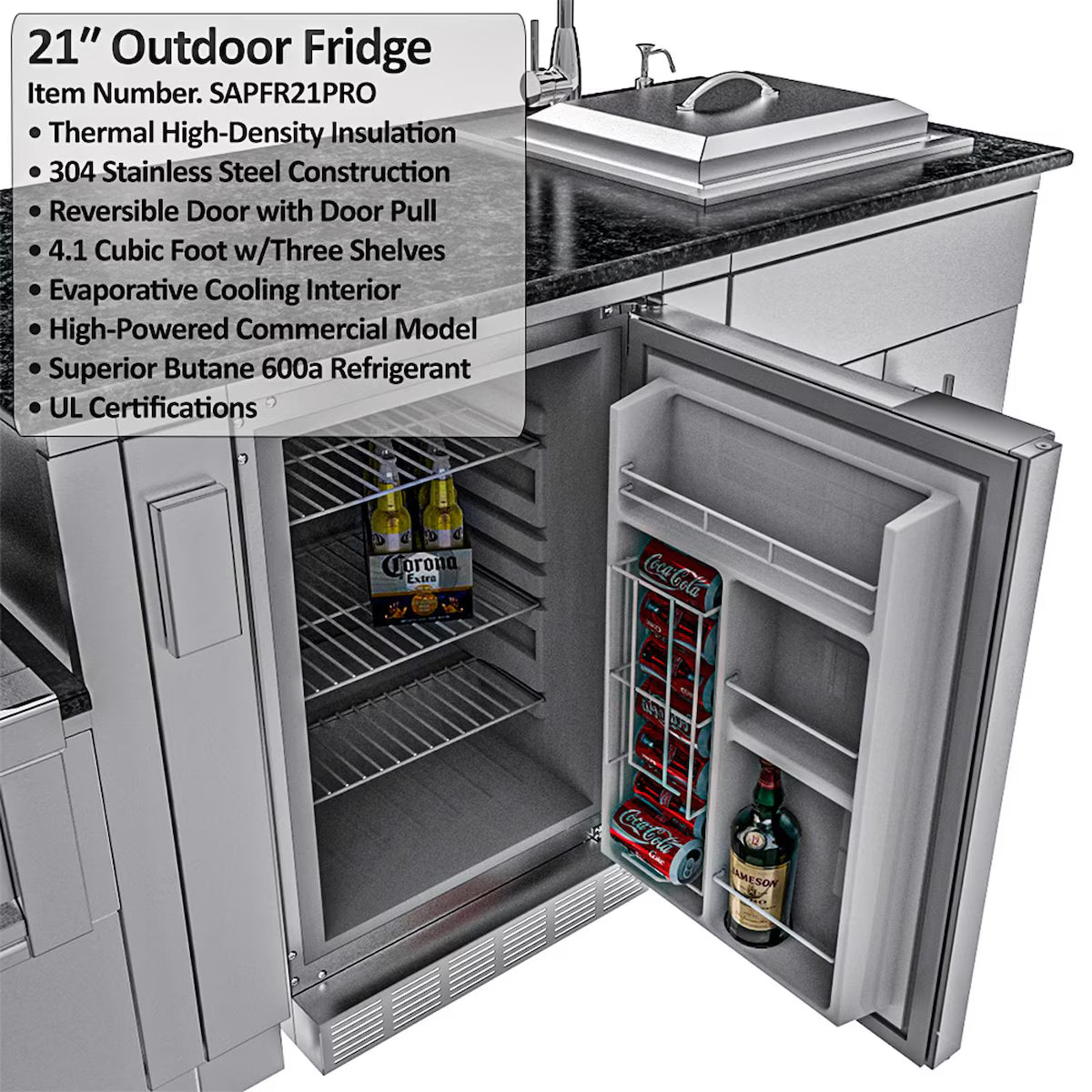Sunstone Gulf Breeze 10′2″ Stainless Steel Outdoor Kitchen Island Package with Grill, Side Burner, Refrigerator & Sink