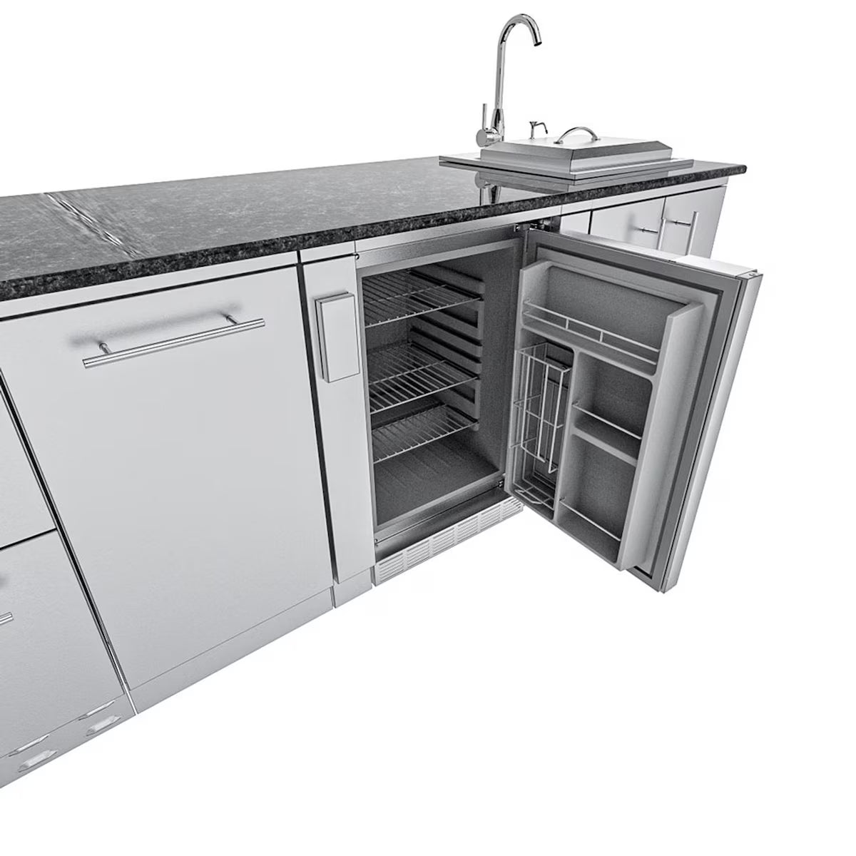 Sunstone Rancher L-Shaped 8′11″ × 11′ Stainless Steel Outdoor Kitchen Island Package