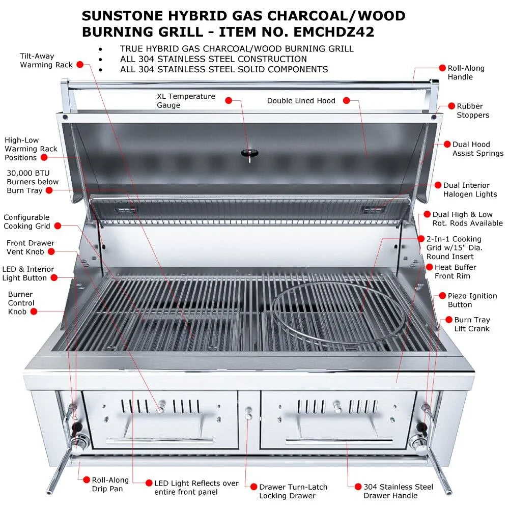 Sunstone 42" Hybrid Gas, Charcoal & Wood Built-In Grill