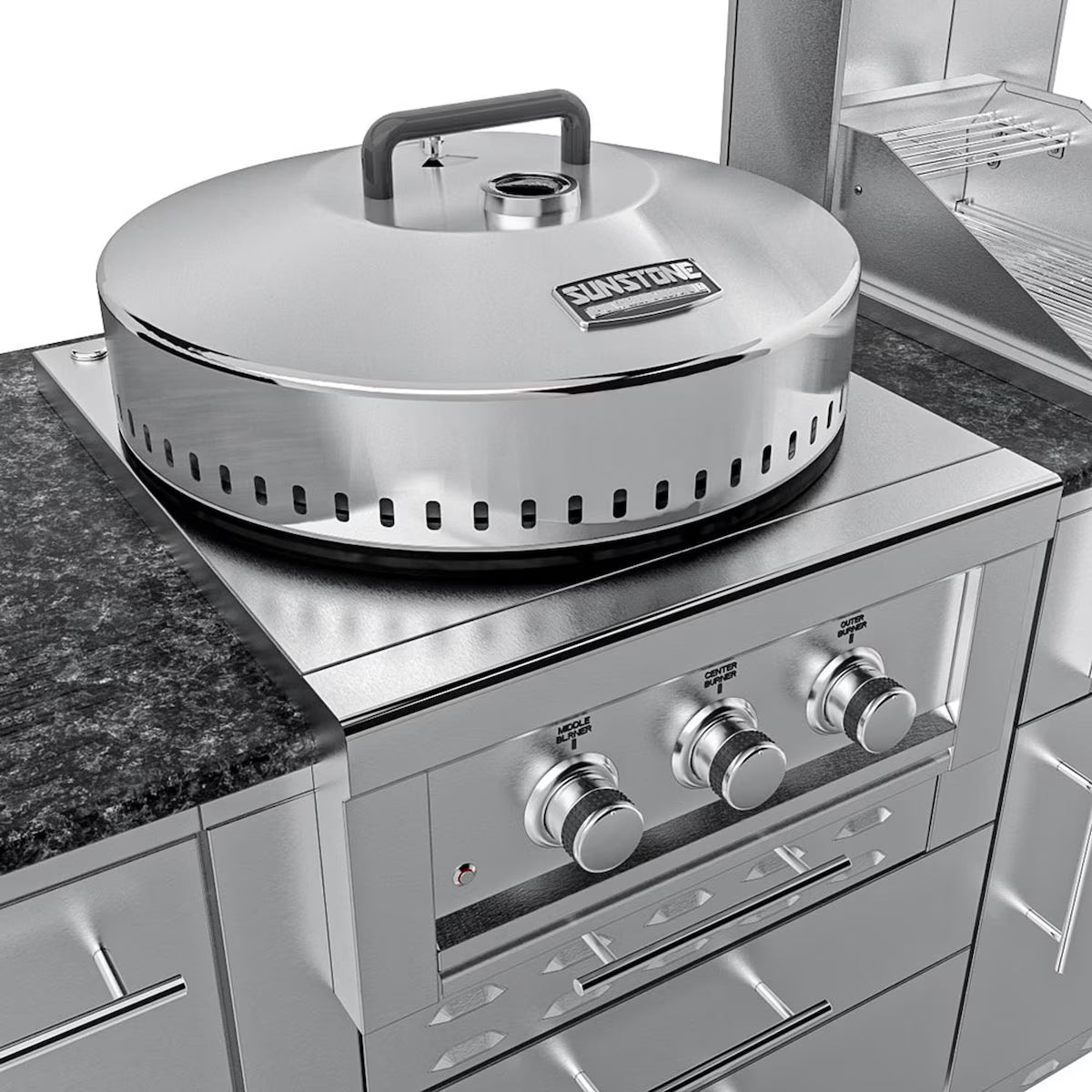 Sunstone Texas Cajun 9′ Stainless Steel Outdoor Kitchen Island Package with Grill, Side Burner, Refrigerator & Sink
