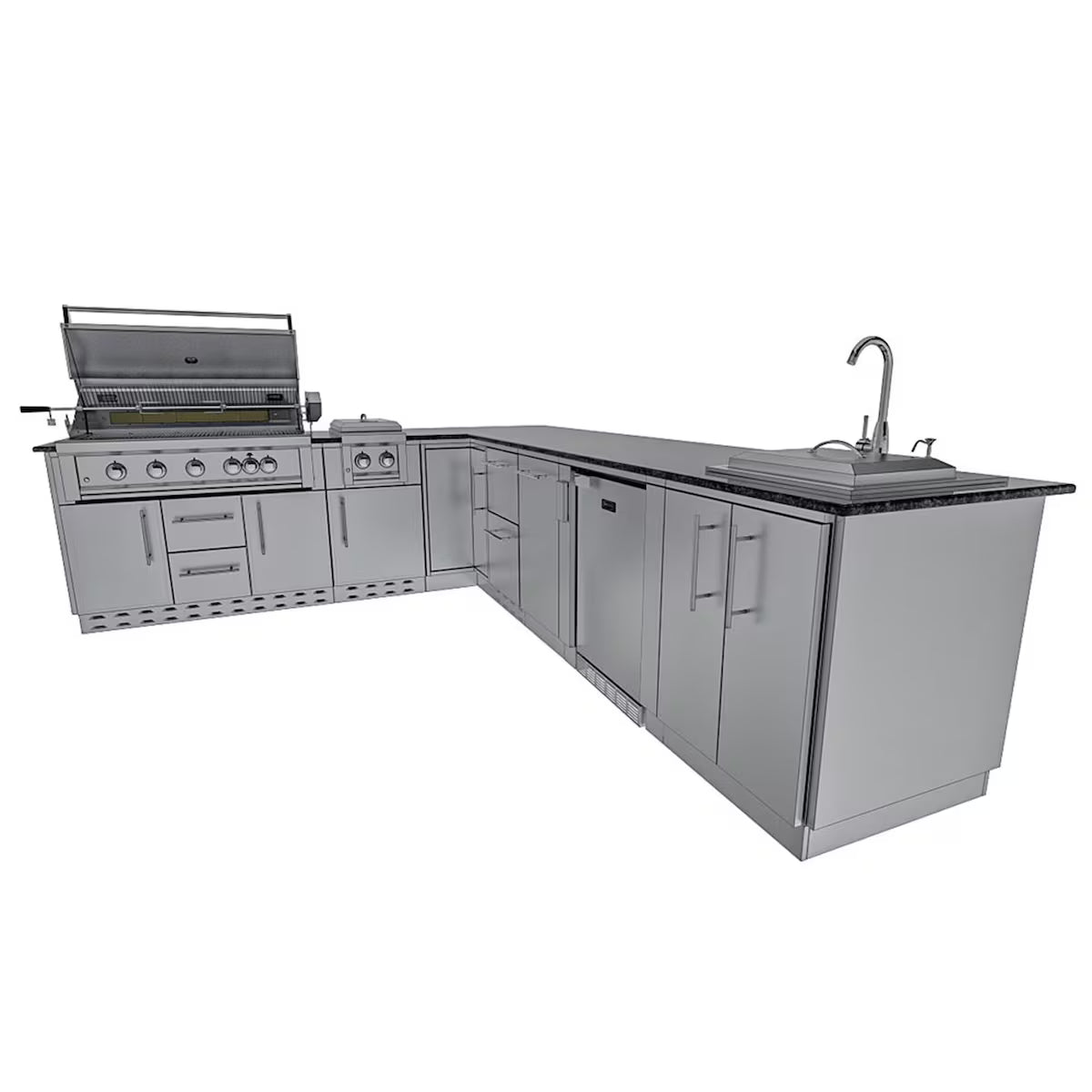 Sunstone Rancher L-Shaped 8′11″ × 11′ Stainless Steel Outdoor Kitchen Island Package