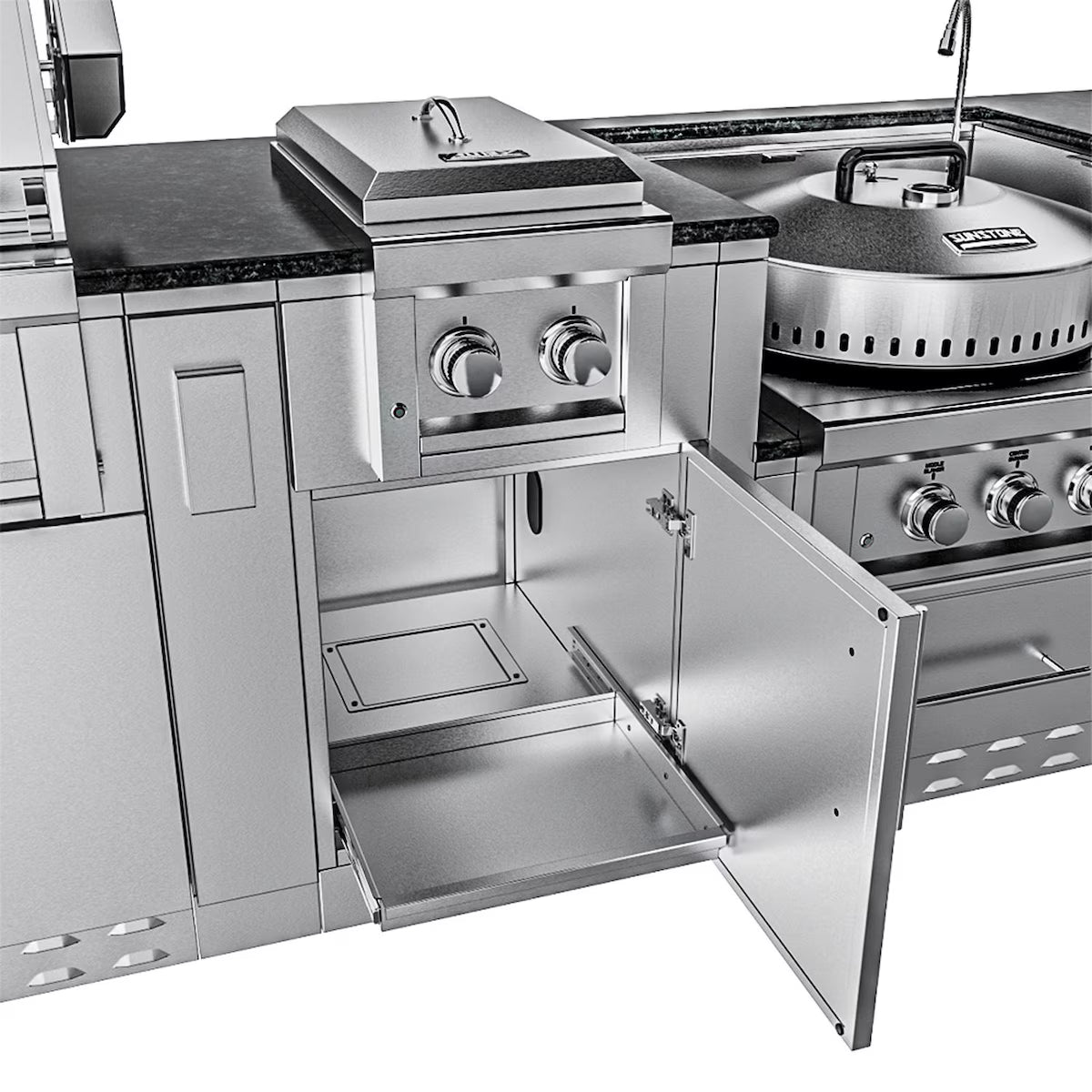 Sunstone Hill Country 13′6″ Stainless Steel Outdoor Kitchen Island Package with Grill, Side Burner, Refrigerator & Sink