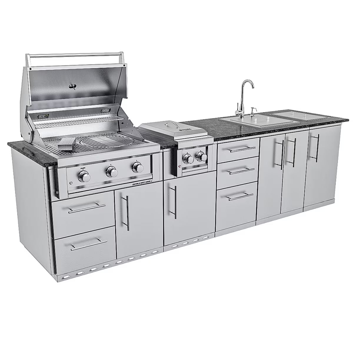 Sunstone Magnolia 10′ Stainless Steel Outdoor Kitchen Island Package with Grill, Side Burner, Refrigerator & Sink