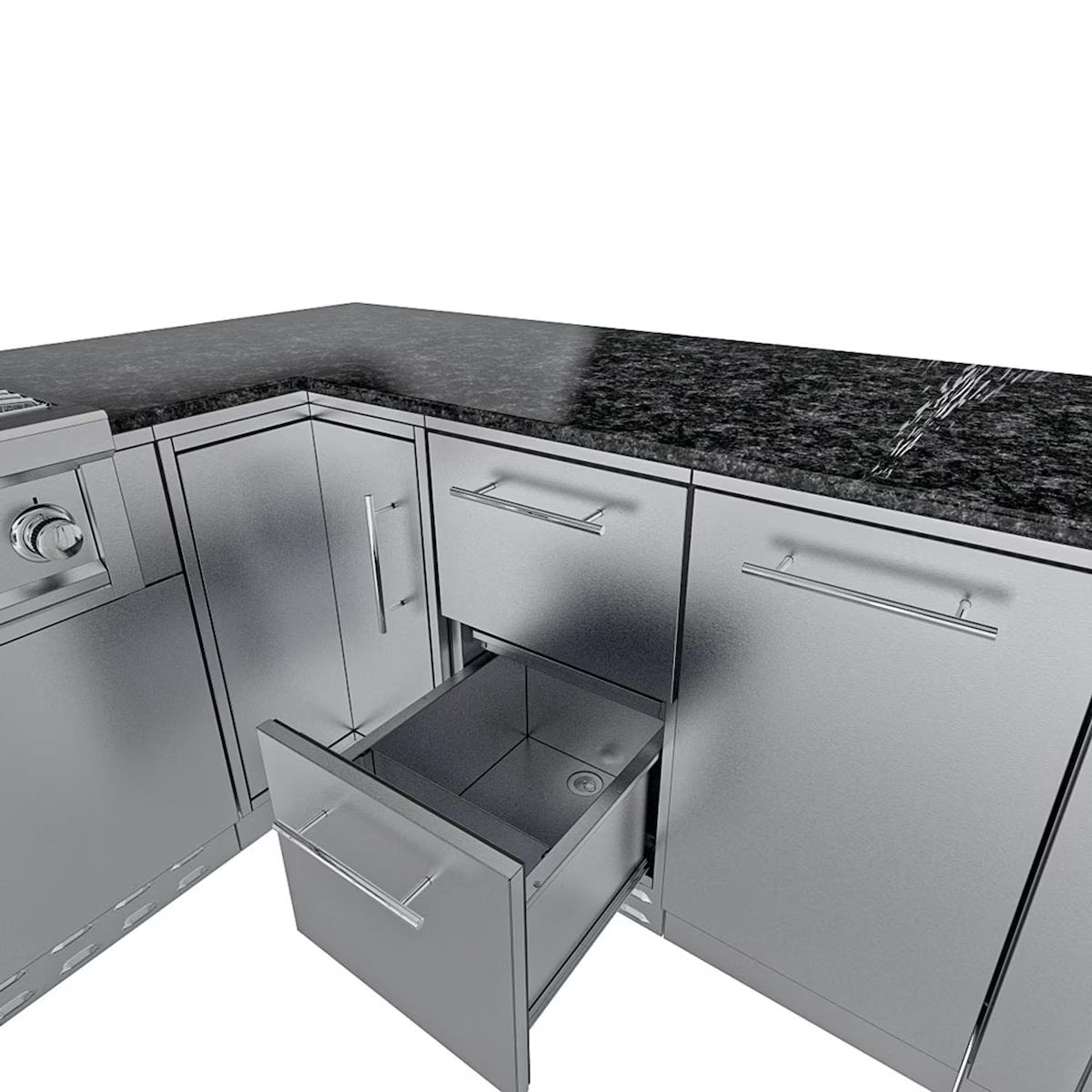Sunstone Rancher L-Shaped 8′11″ × 11′ Stainless Steel Outdoor Kitchen Island Package