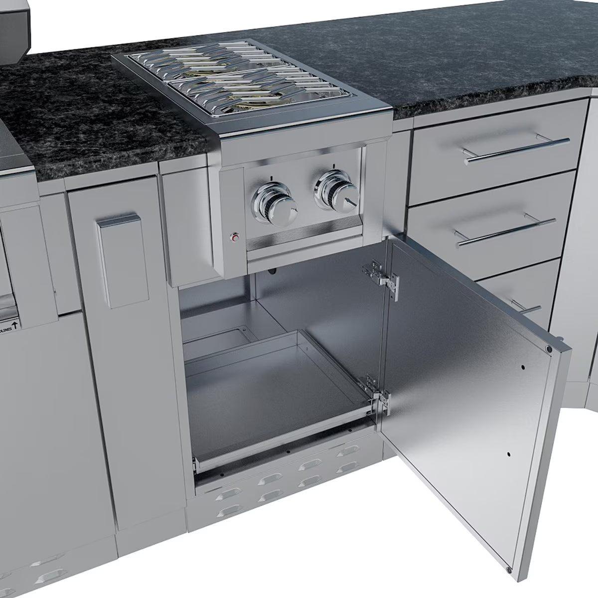 Sunstone Savanna 16′ Stainless Steel Outdoor Kitchen Island Package with Grill, Double Burner, Refrigerator & Sink