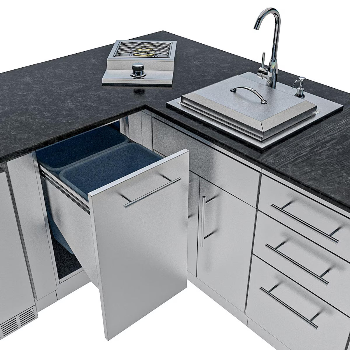 Sunstone Texas Tango 19′ Stainless Steel Outdoor Kitchen Island Package with Grill, Side Burner, Refrigerator & Sink