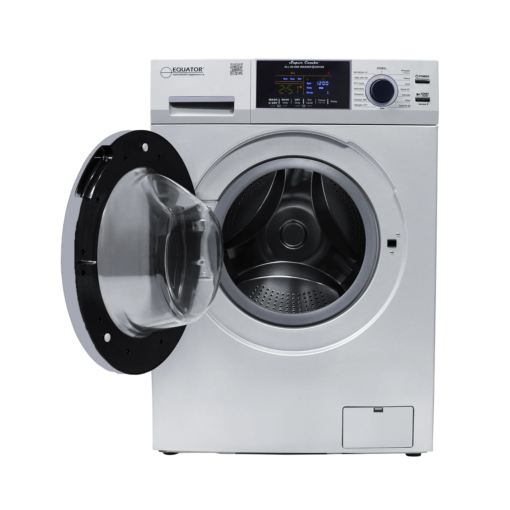 Equator Advanced Appliances All-in-One 4600 Ventless/Vented Washer Dryer with Pet Cycle, 1.62 cu. ft., 15 lb Capacity, 110V -Silver